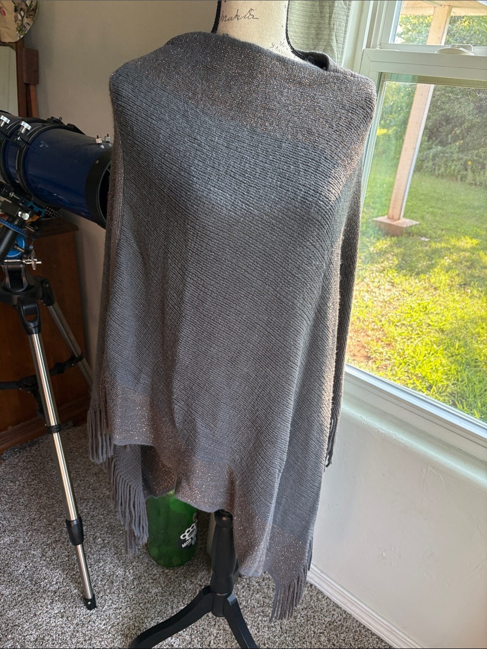 Gray Fringe-Trim Open Knit Poncho Sweater